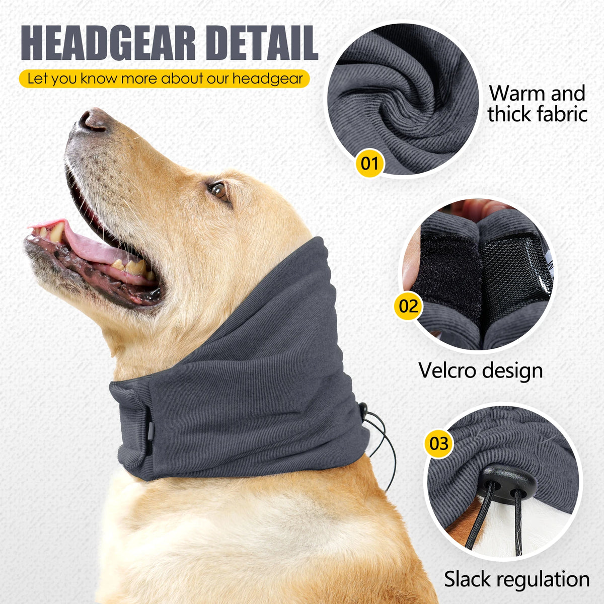 A golden dog wearing a gray fabric hoodie and ear covers, highlighting the warm fabric, velcro design, and slack regulation f