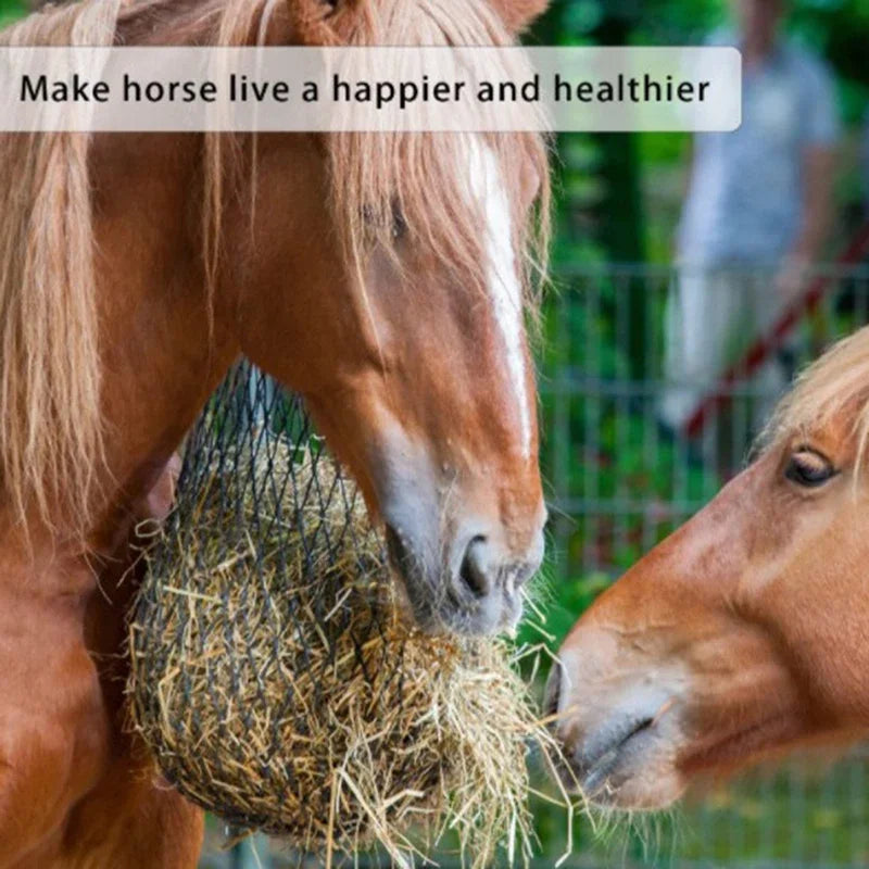 A close-up of a horse eating hay from a net, promoting a happier and healthier horse.
