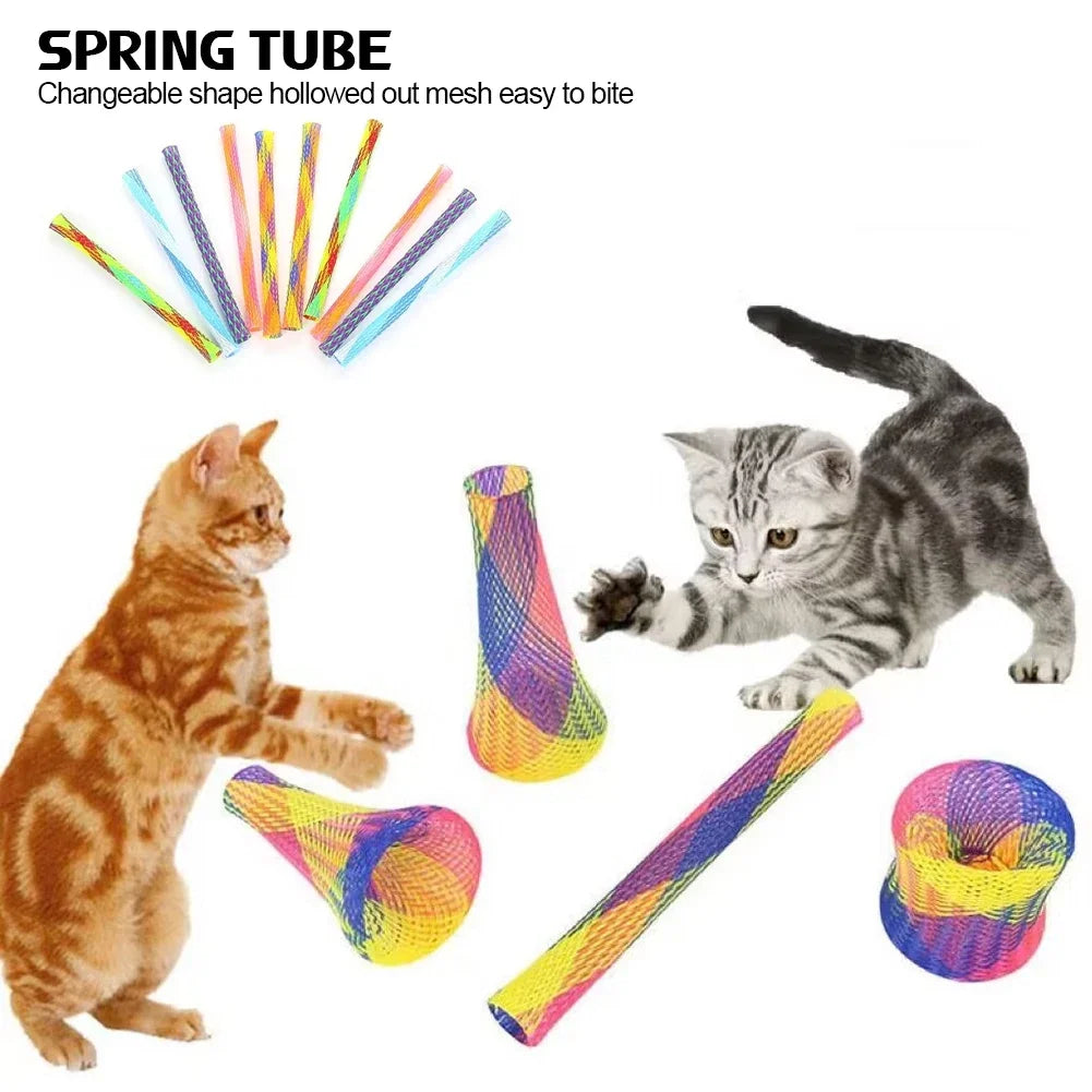 A set of ten colorful spring tubes for cat toys, showing various shapes and colors used for interactive play.