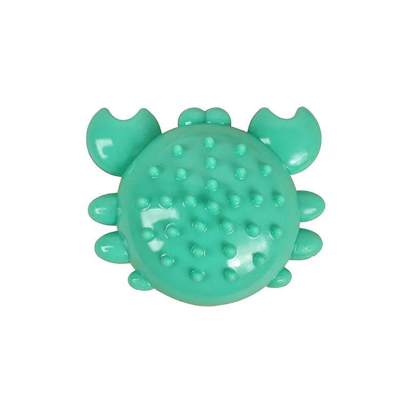 A bright teal squeaky chew toy for dogs shaped like a molar stick with rounded teeth.