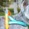 A dog wearing a gray harness with bright yellow and blue reflective straps outdoors.