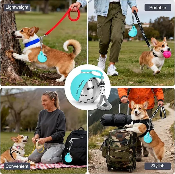 A portable stainless steel dog water dispenser is shown with a dog in a park, and a woman using it for convenience.