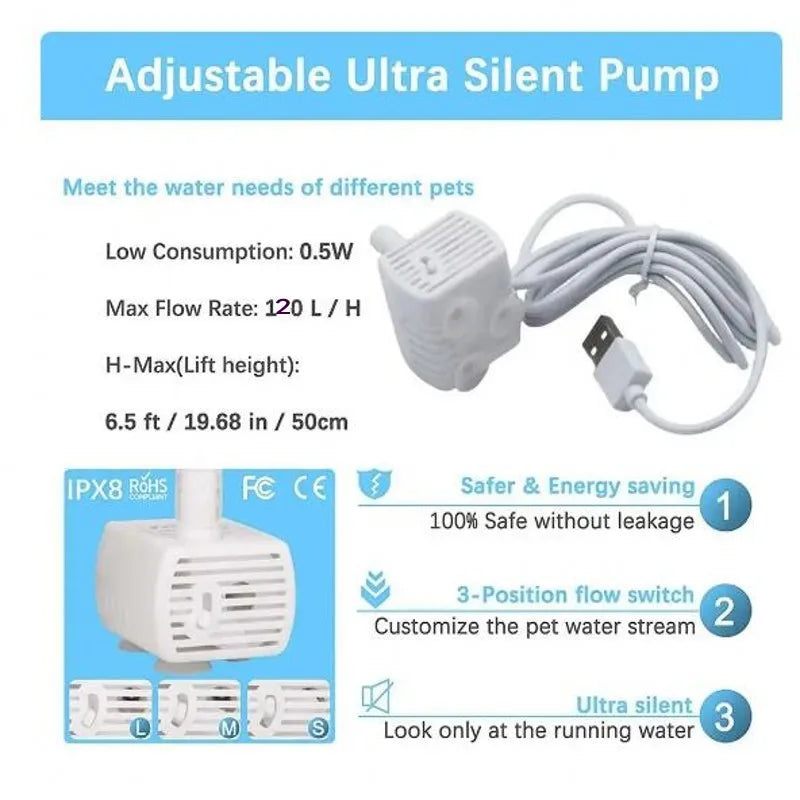 White adjustable ultra silent pump with a cord and flow switch for pet water fountains