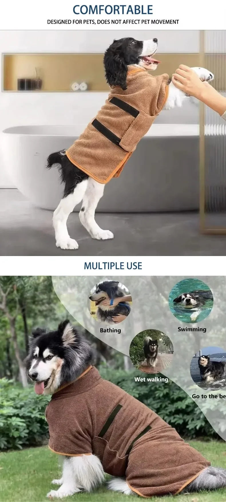 A brown pet bathrobe designed for dogs and cats, shown in use for bathing, walking, and swimming.