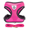 Pink mesh pet harness and leash set with a silver paw print emblem