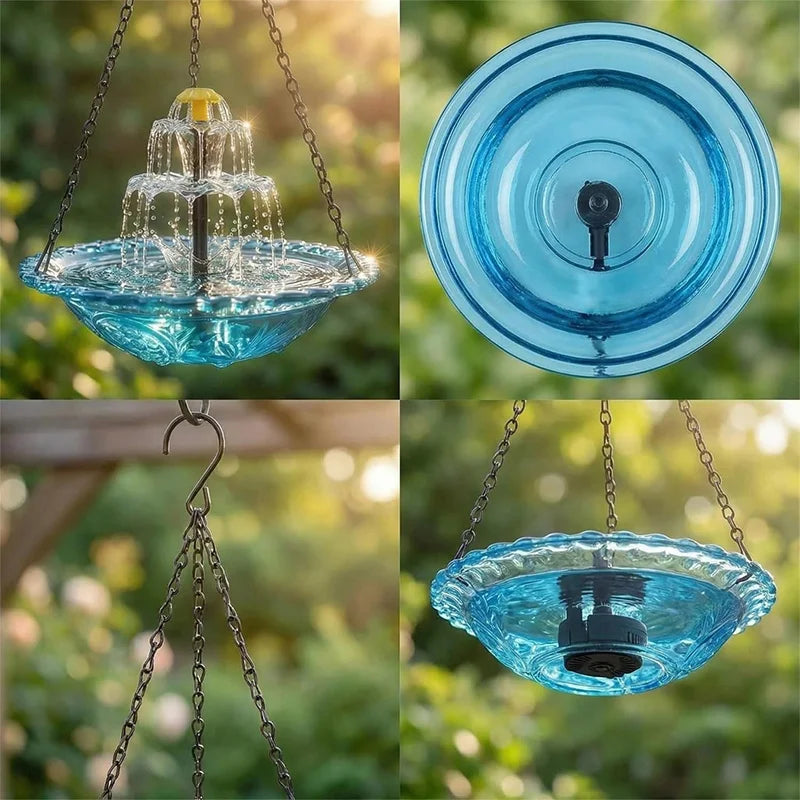 Fontaine d'oiseaux solaire à plusieurs niveaux avec de l'eau bleue claire et des cascades, en gros plan.