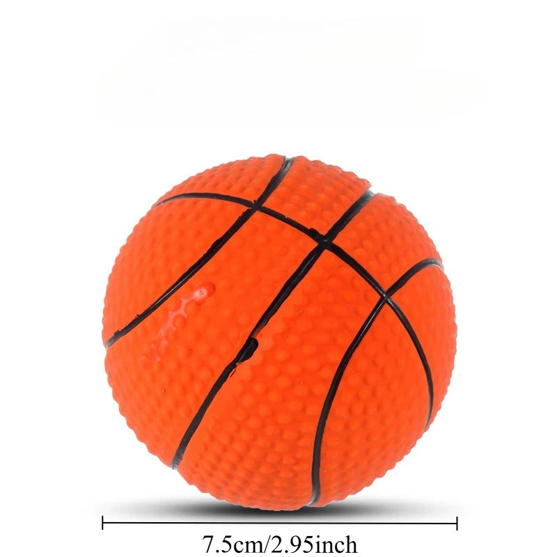 An orange squeaky latex ball for dogs with black panel lines.