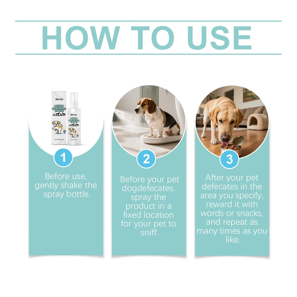 Instructions for using Dog Potty Training Spray showing steps 1, 2, and 3 with a dog.