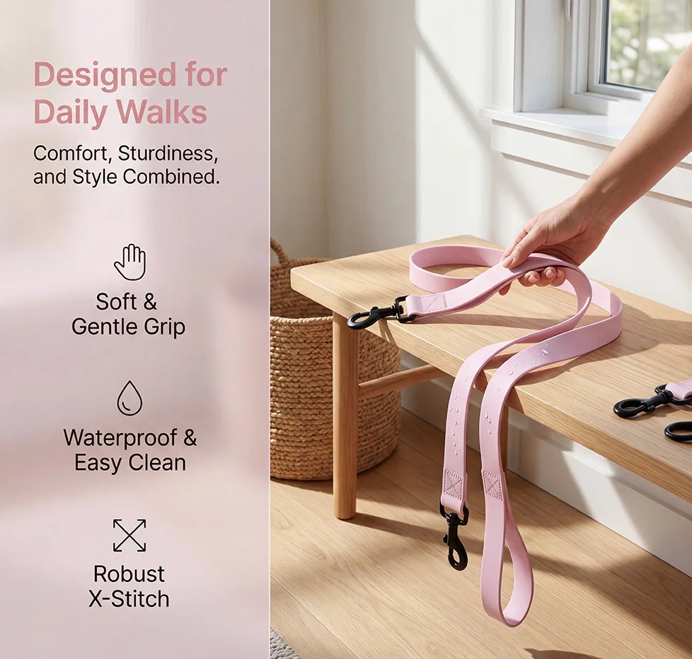 A hand is holding a pink waterproof PVC dog leash on a wooden table.