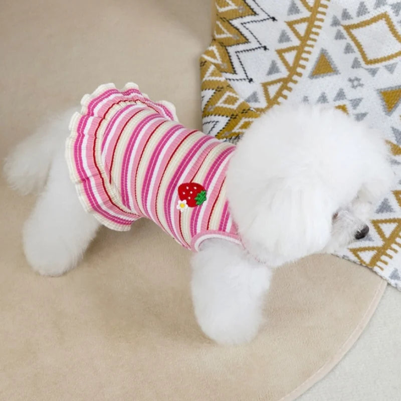 Summer Suspender Dog Dress - Striped Strawberry Print