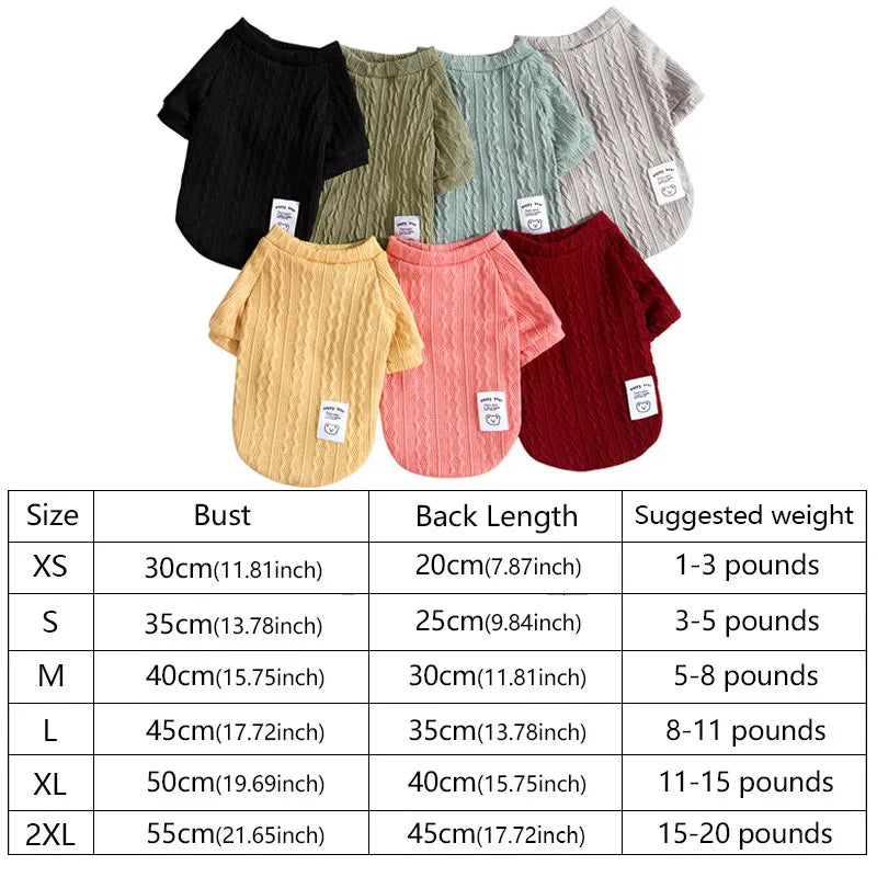A collection of knitted winter sweaters in various colors and sizes for small dogs and cats.