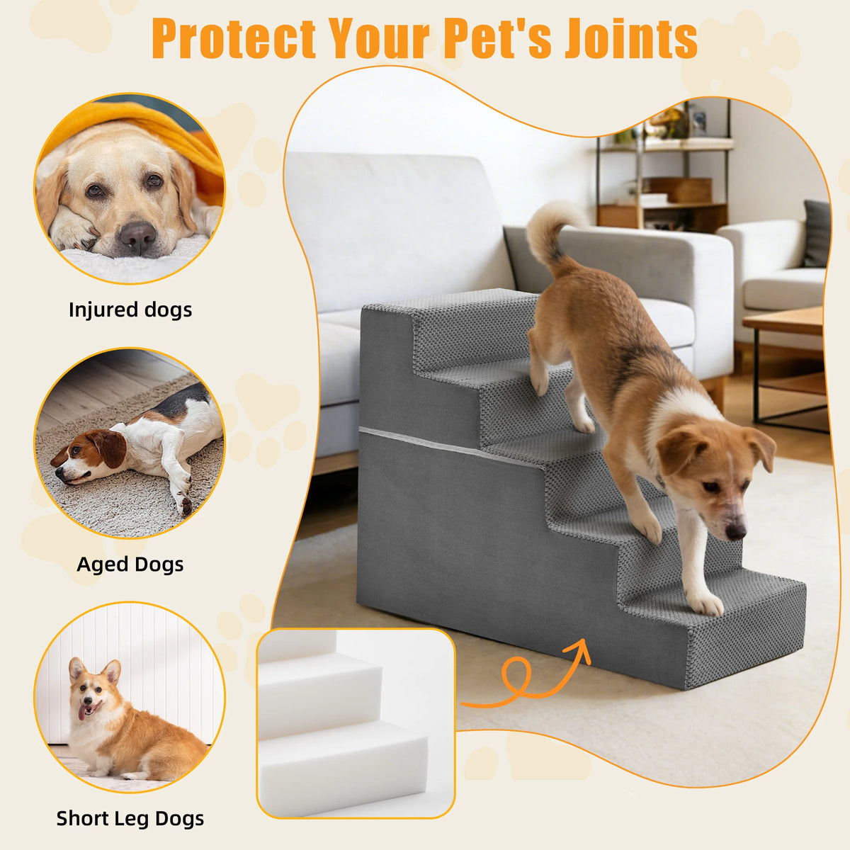 Non-Slip Foam Dog Stairs with Removable Washable Cover