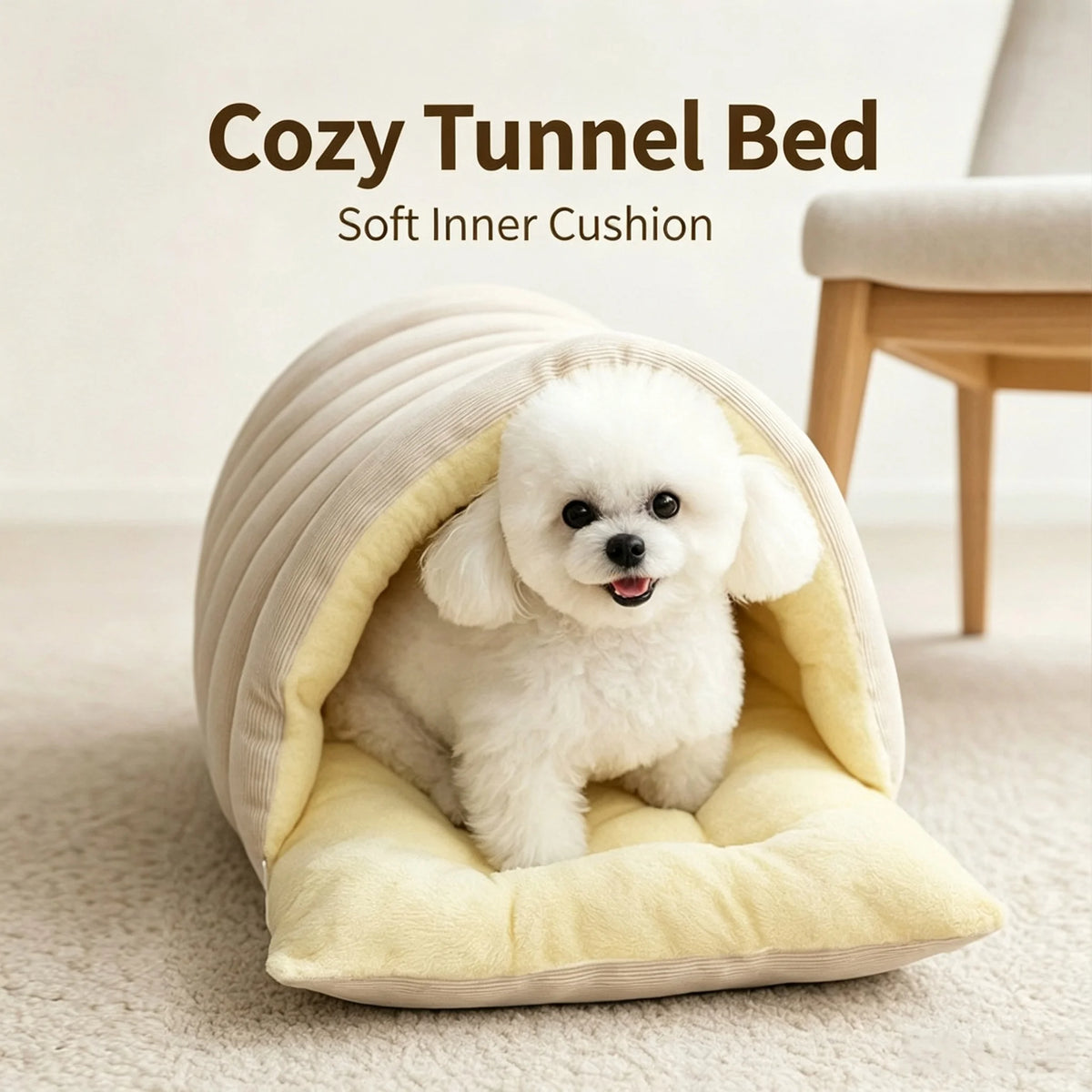 A fluffy white dog is resting inside a cozy tunnel bed for pets.