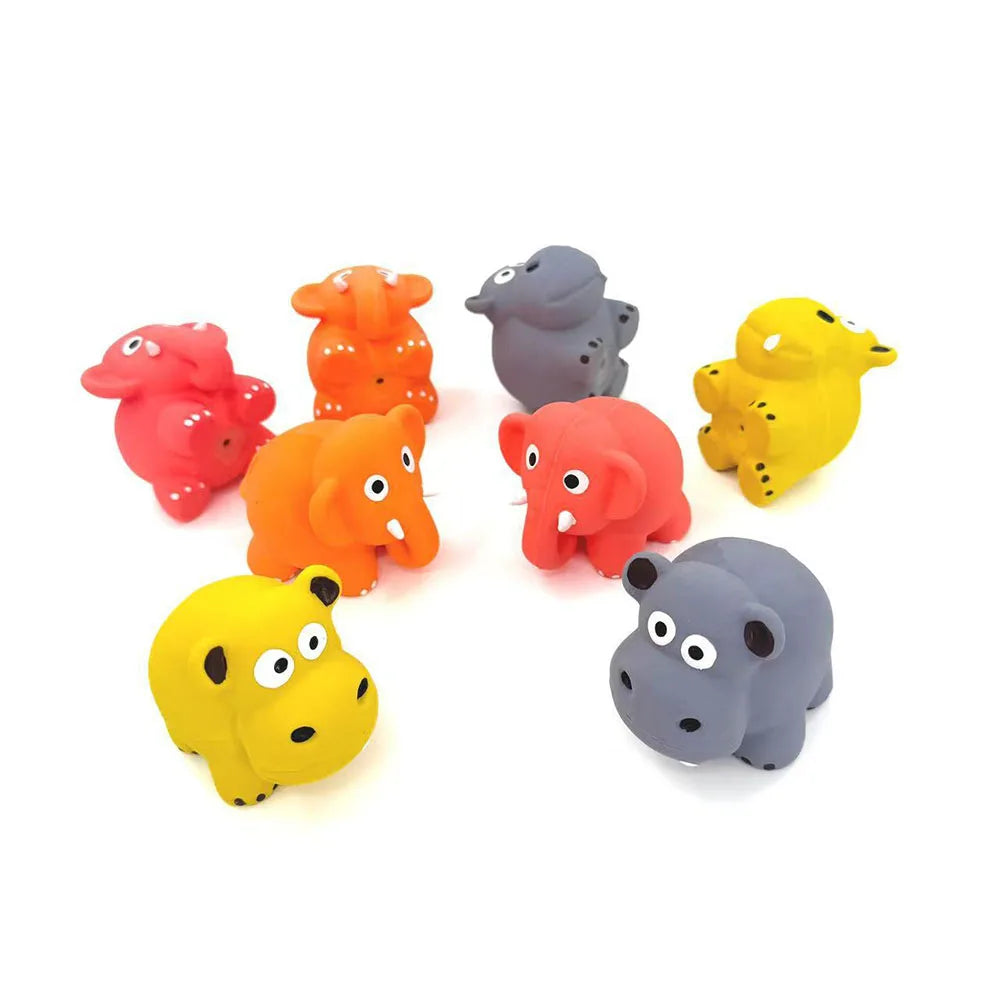 A collection of colorful, squeaky chew toys shaped like various animals including a red elephant, orange bear, gray elephant,