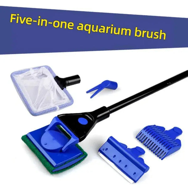 A five-in-one aquarium brush set showing various cleaning tools including a long handle, blue and green brushes, and a silico