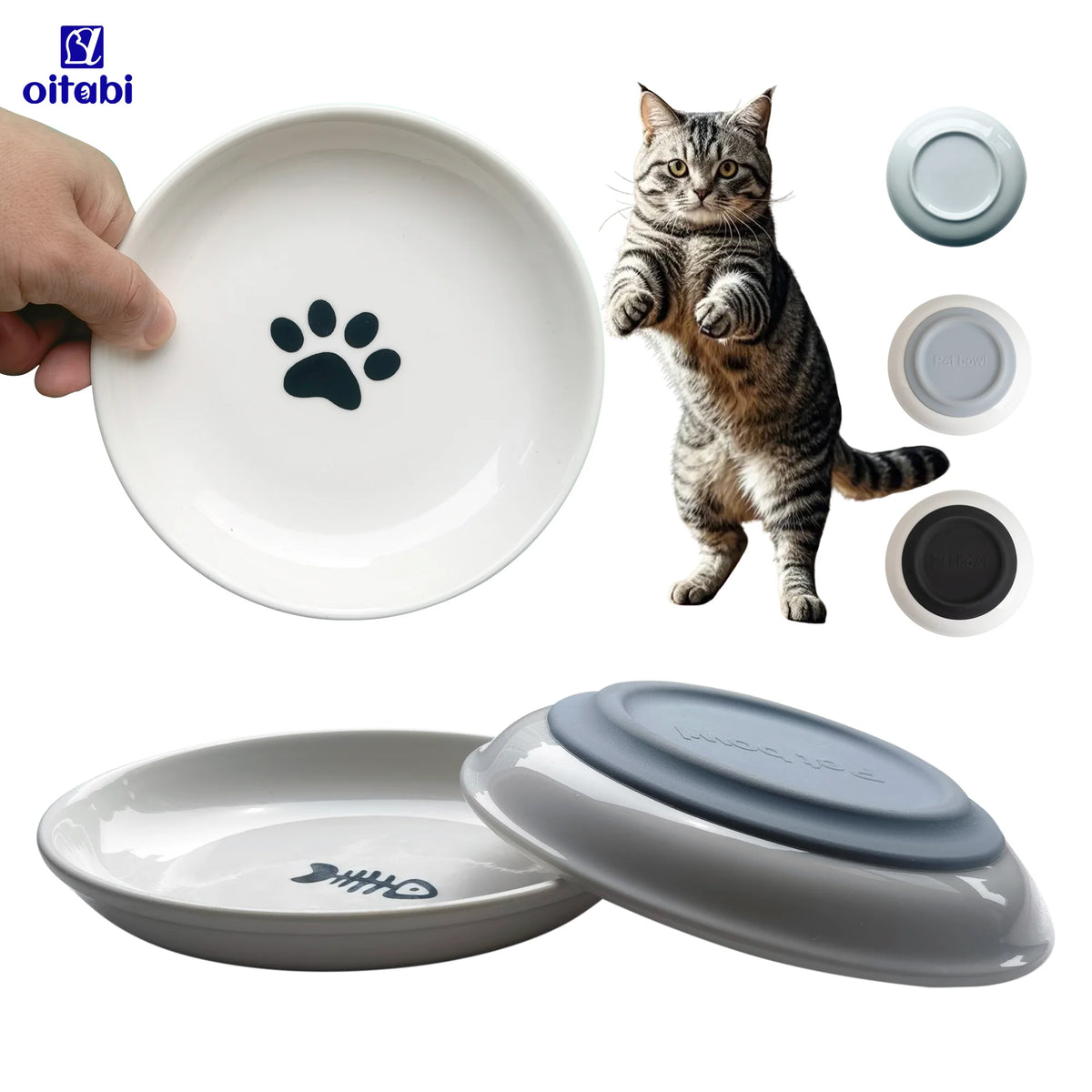 A ceramic cat bowl set featuring a main bowl and several anti-slip silicone lids.