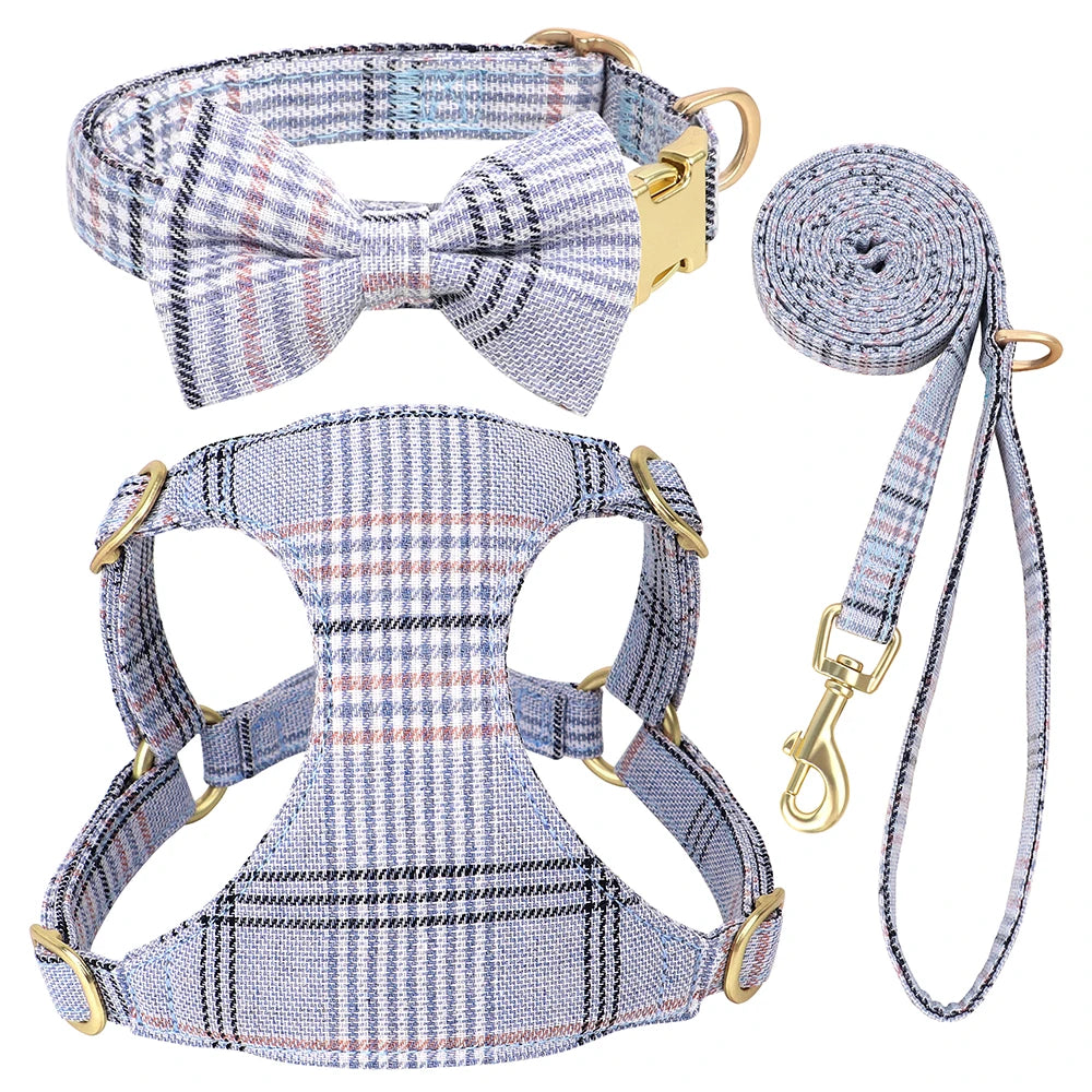 Classic Plaid Dog Collar, Harness & Leash Set with Bowtie