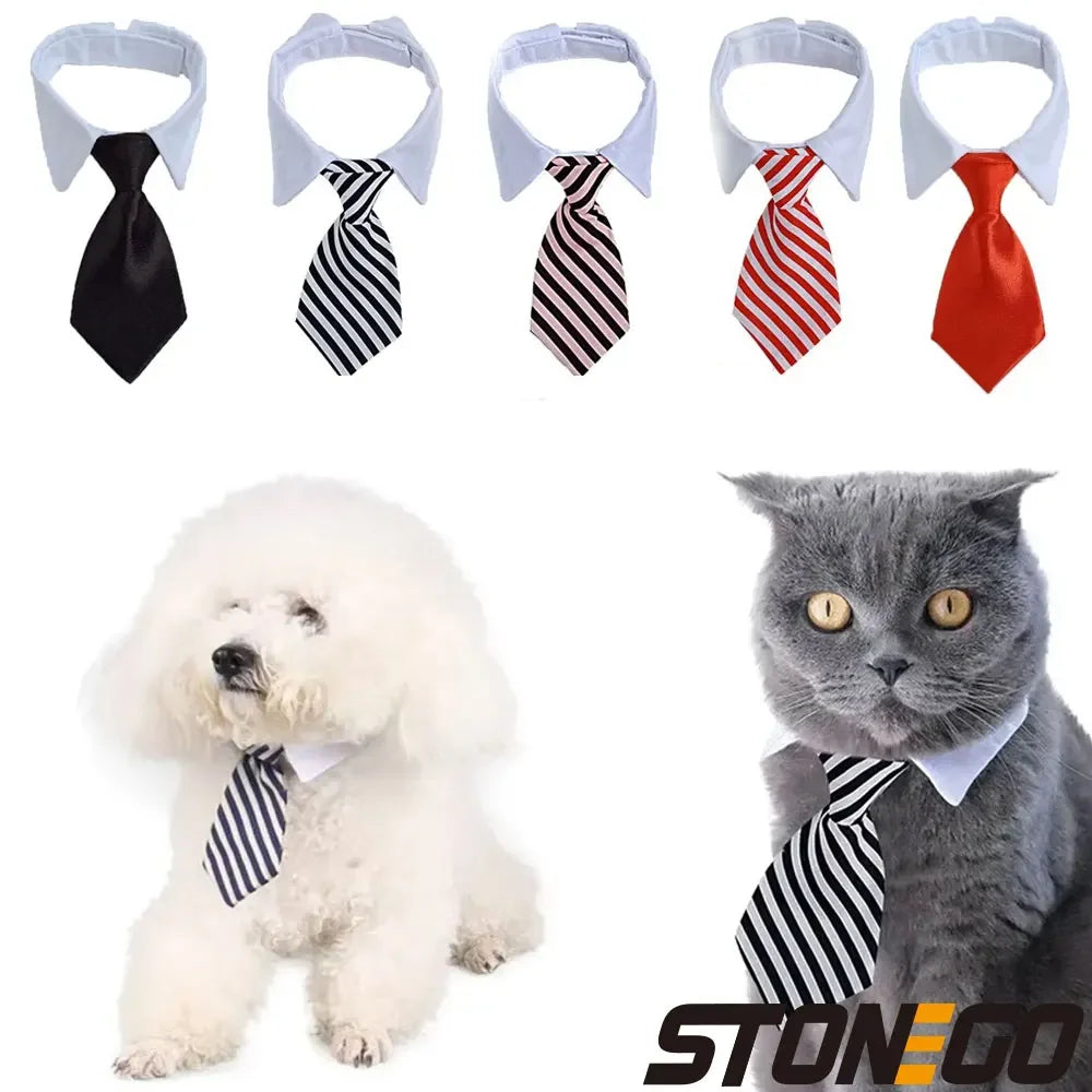 A set of adjustable pet bow tie collars in black, white, and red stripes for dogs and cats.