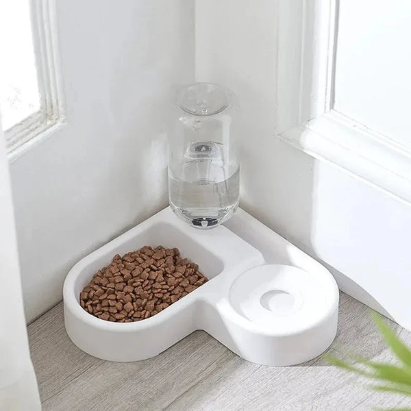 A white pet feeding and water bowl containing dry pet food and a glass of water, placed on a windowsill.