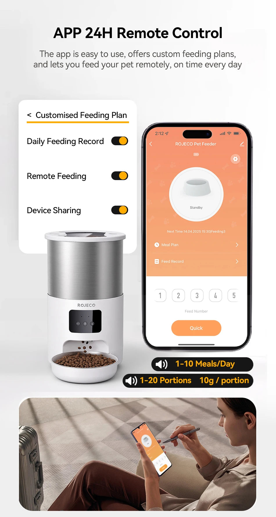 A smart automatic pet feeder device is shown next to a smartphone screen displaying remote control features and feeding plans