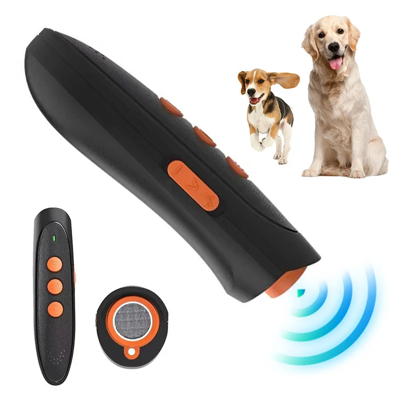 A black ultrasonic dog bark deterrent device shown with a dog, an LED flashlight component, and a sound wave graphic.