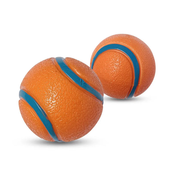 An orange tennis ball with blue stripes is shown against a white background.