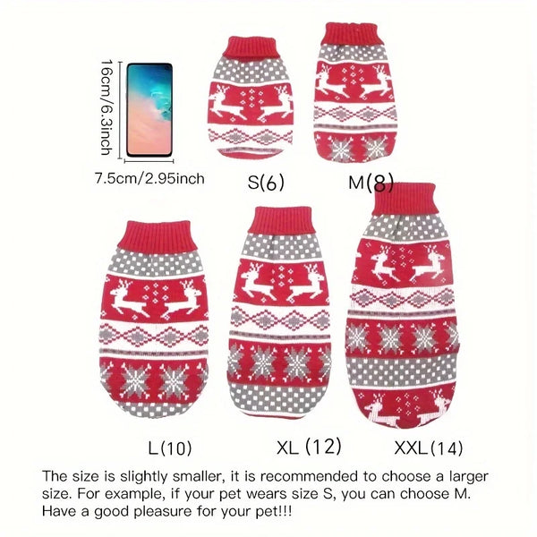 A set of festive knit sweaters for pets in red and white patterns, including sizes S through XXL.
