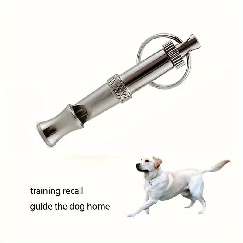 Adjustable stainless steel dog whistle with a loop for training recall.