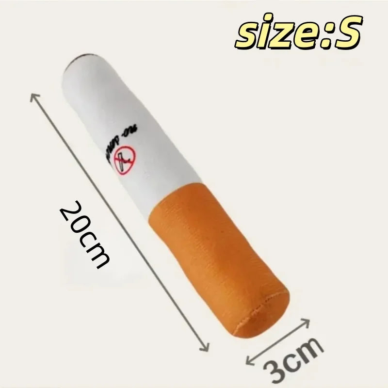 A white, cigar-shaped squeak toy for dogs with an orange rubber tip, shown in a side view.