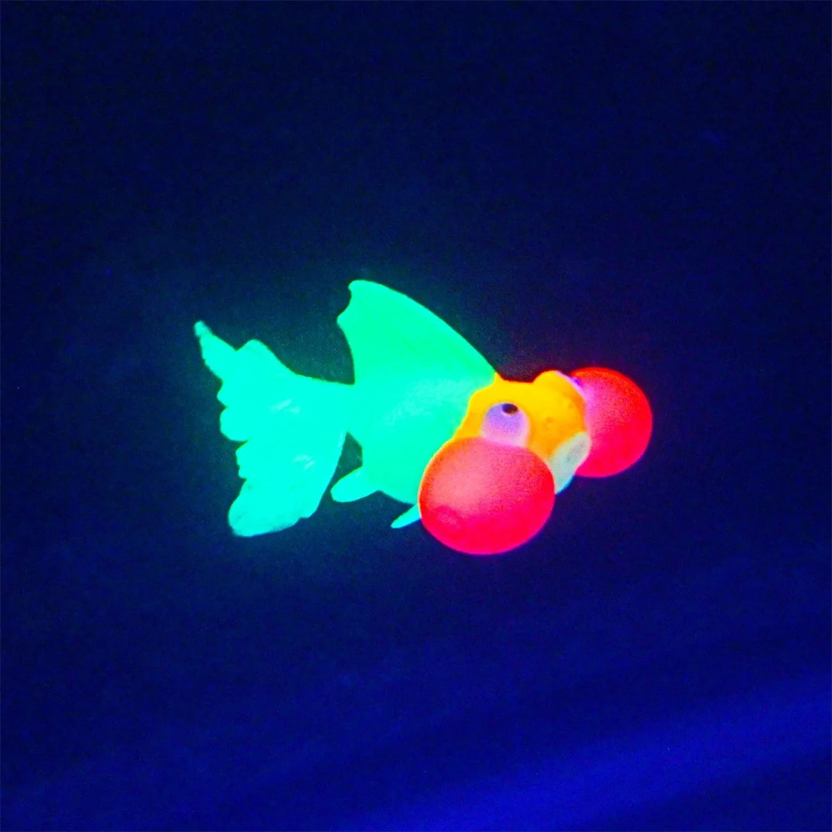 Leuchtender Goldfisch-Dekor mit leuchtendgrünen Flossen und orange Körper vor dunklem blauem Hintergrund.