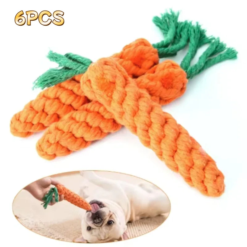 Six pieces of orange carrot plush toys with green leaves and a puppy interacting with the toy