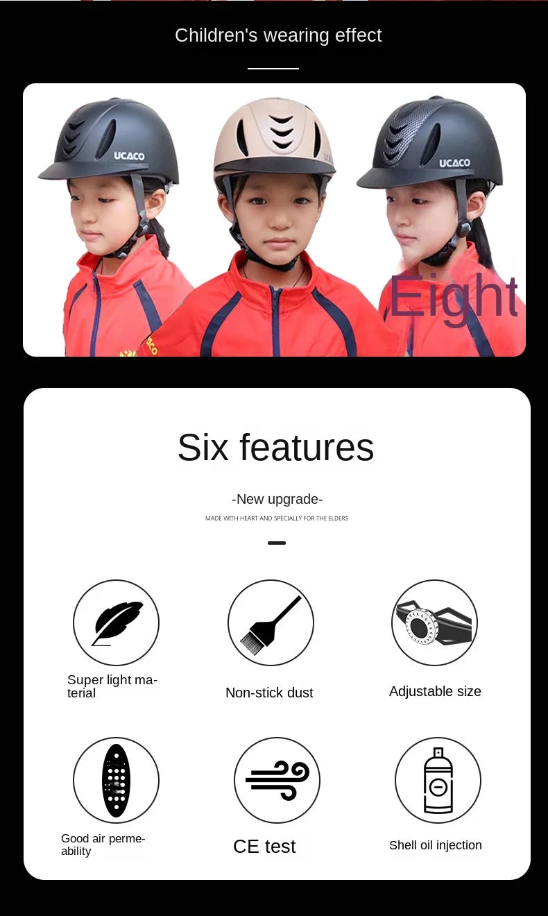 Three children wearing black UCACCO equestrian helmets for children's wearing effect.