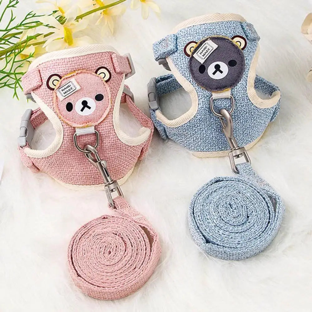 Pink and blue pet leash harnesses for dogs and cats with bear-themed collars