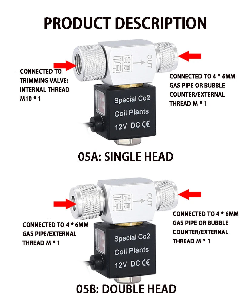 Diagram showing a single head and double head CO2 solenoid valve regulator for aquariums with connections for gas pipe or bub
