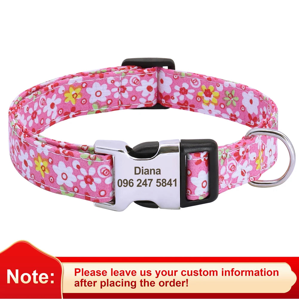Pink floral print dog collar with a silver buckle and engraved name tag.
