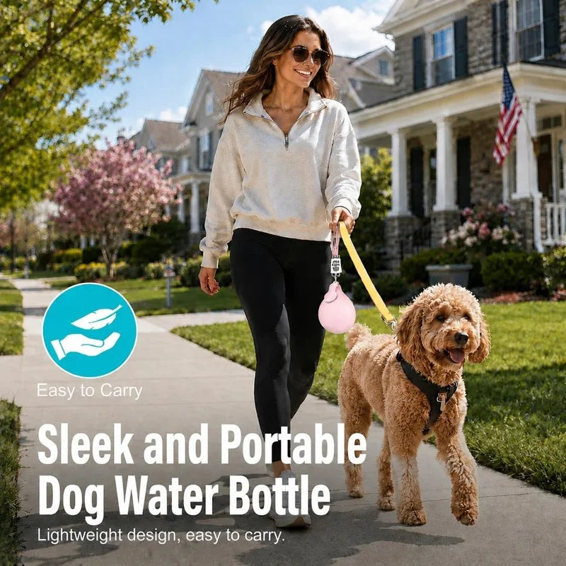 A woman is walking a golden retriever while carrying a sleek and portable dog water bottle.