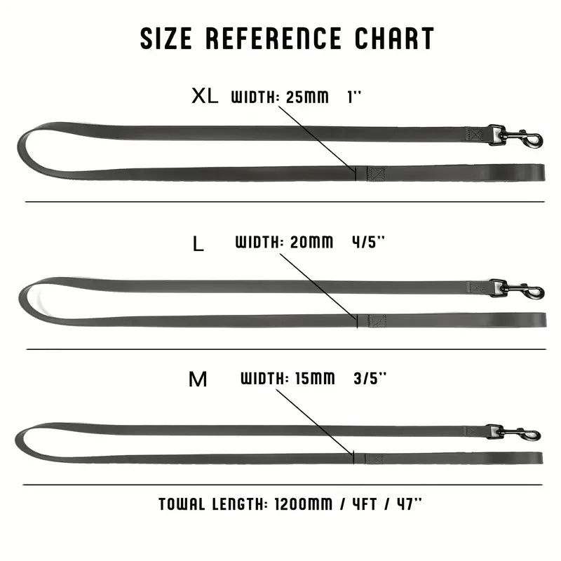 Size reference chart showing XL, L, M, and total length measurements for a waterproof PVC dog leash.