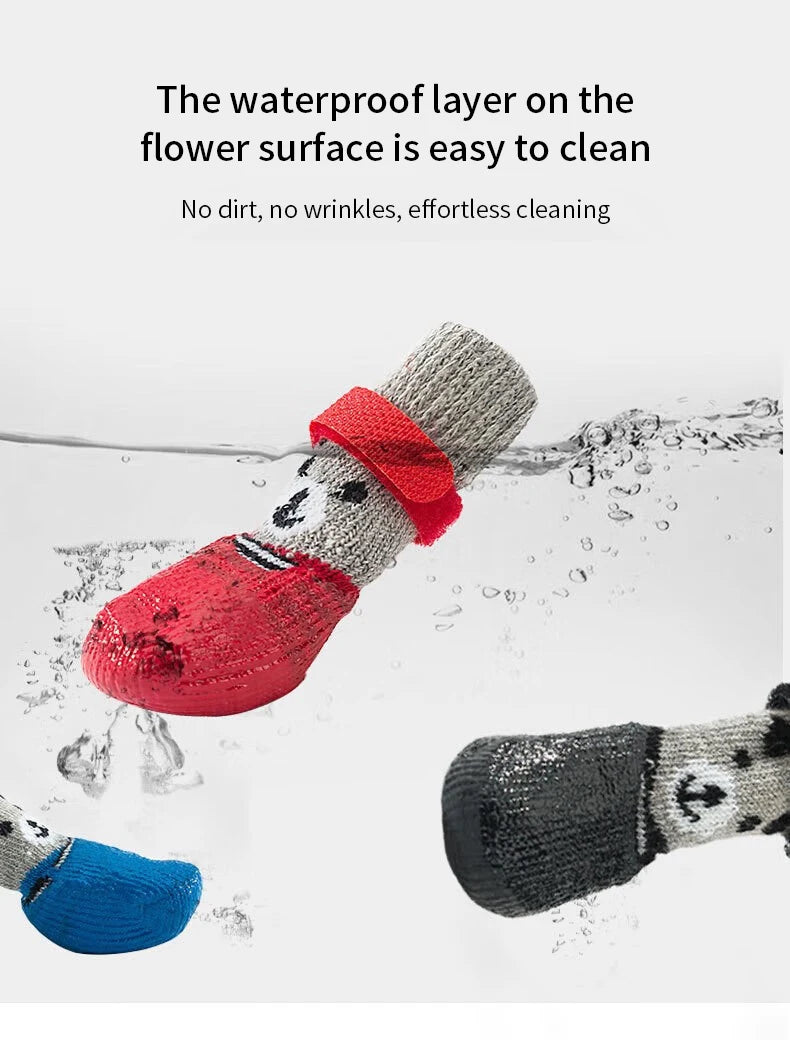 A close-up of a pet paw protection sock with a waterproof layer on the flower surface being cleaned underwater.