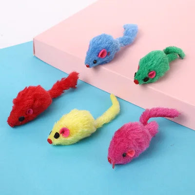 A set of five plush simulation mouse cat toys in various colors including blue, green, red, yellow, and pink resting on a lig