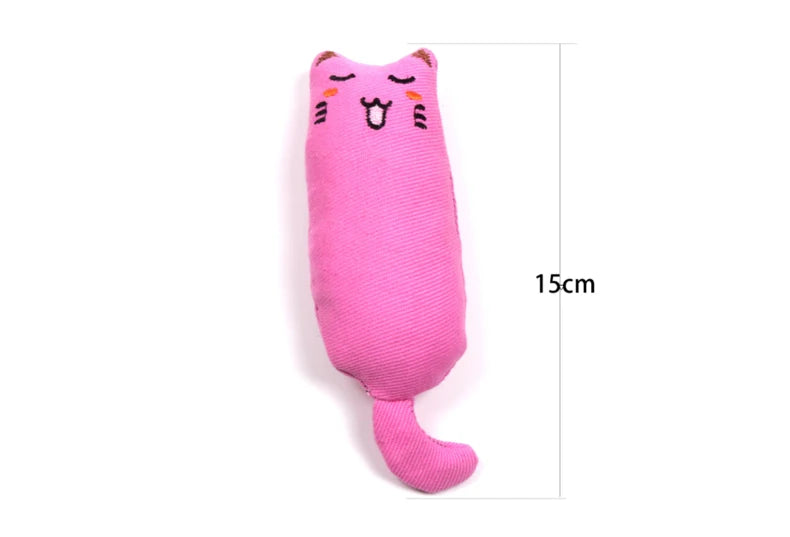 A pink plush cat toy shaped like a face with ears and a tail, designed for cats.