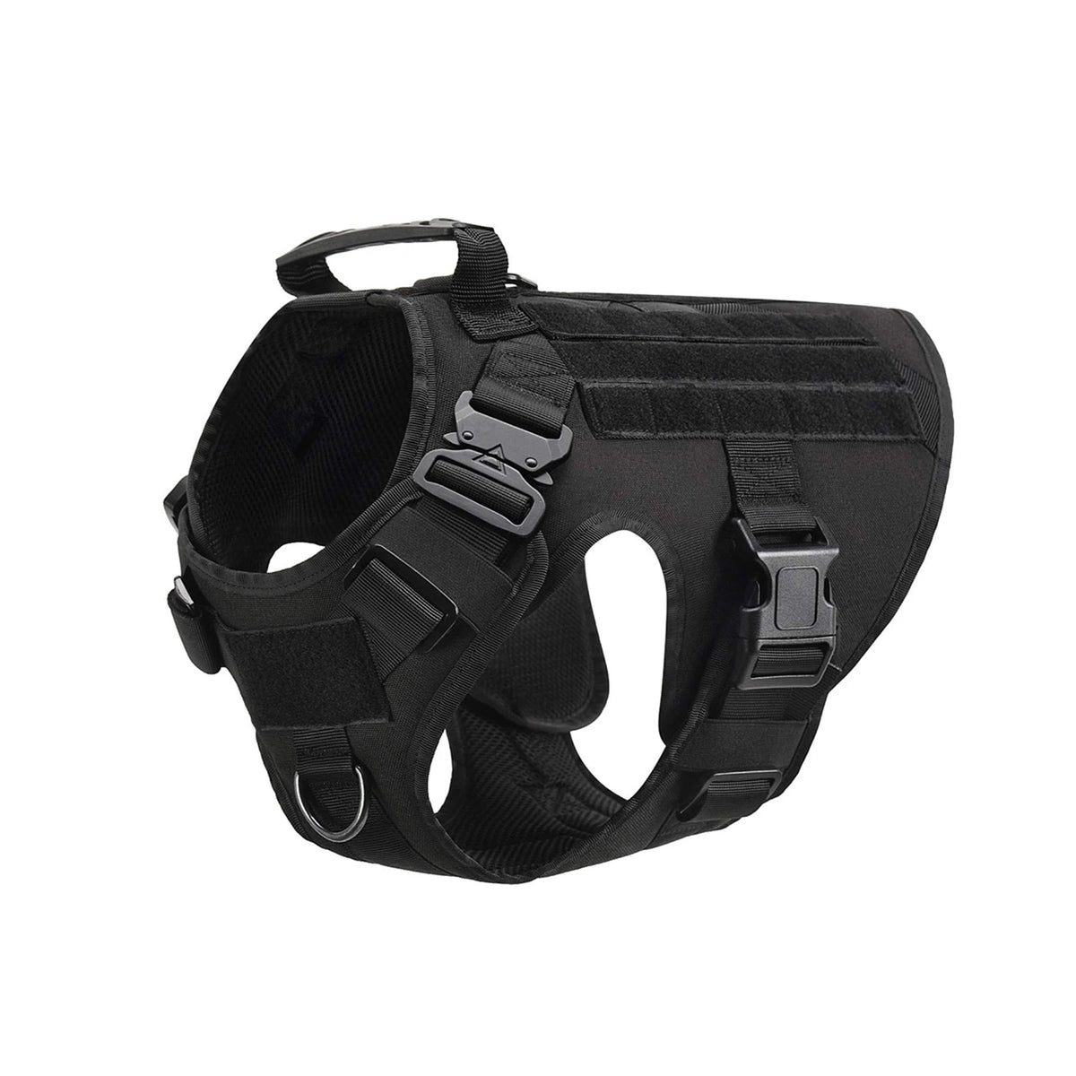 Black tactical dog harness set including collar and leash with MOLLE pouches