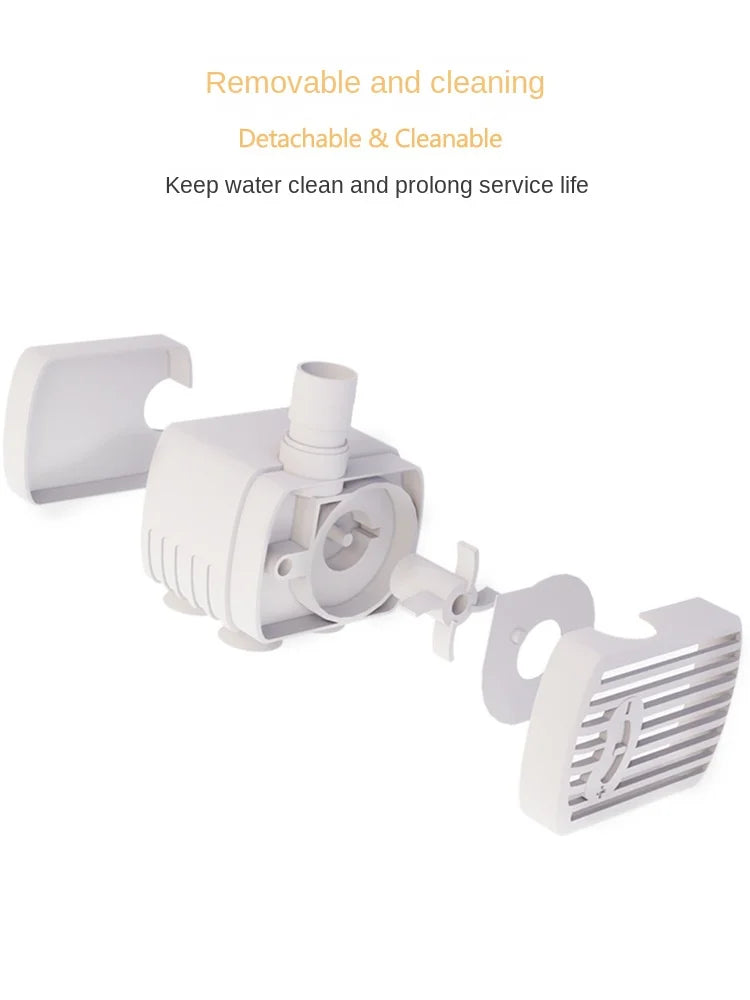 White detachable water pump for pet fountains with a removable head and filter.