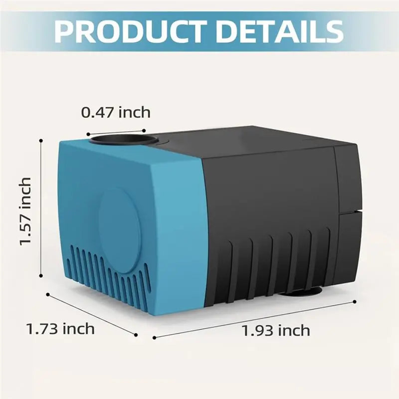 A black and blue low-voltage submersible pump with dimensions 1.57 inches high, 1.73 inches long, and 1.93 inches wide.
