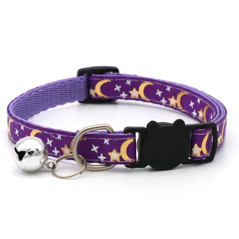 Purple pet collar with a black cat charm and silver bell necklace
