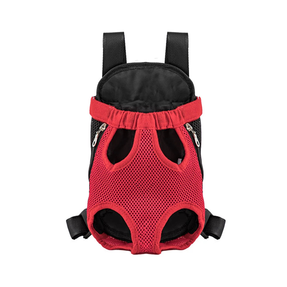 Red and black outdoor camouflage dog carrier backpack with mesh paneling