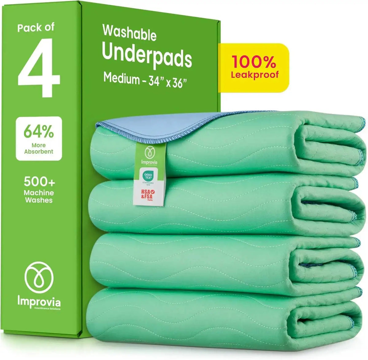 Pack of four washable medium green underpads for incontinence and pet training