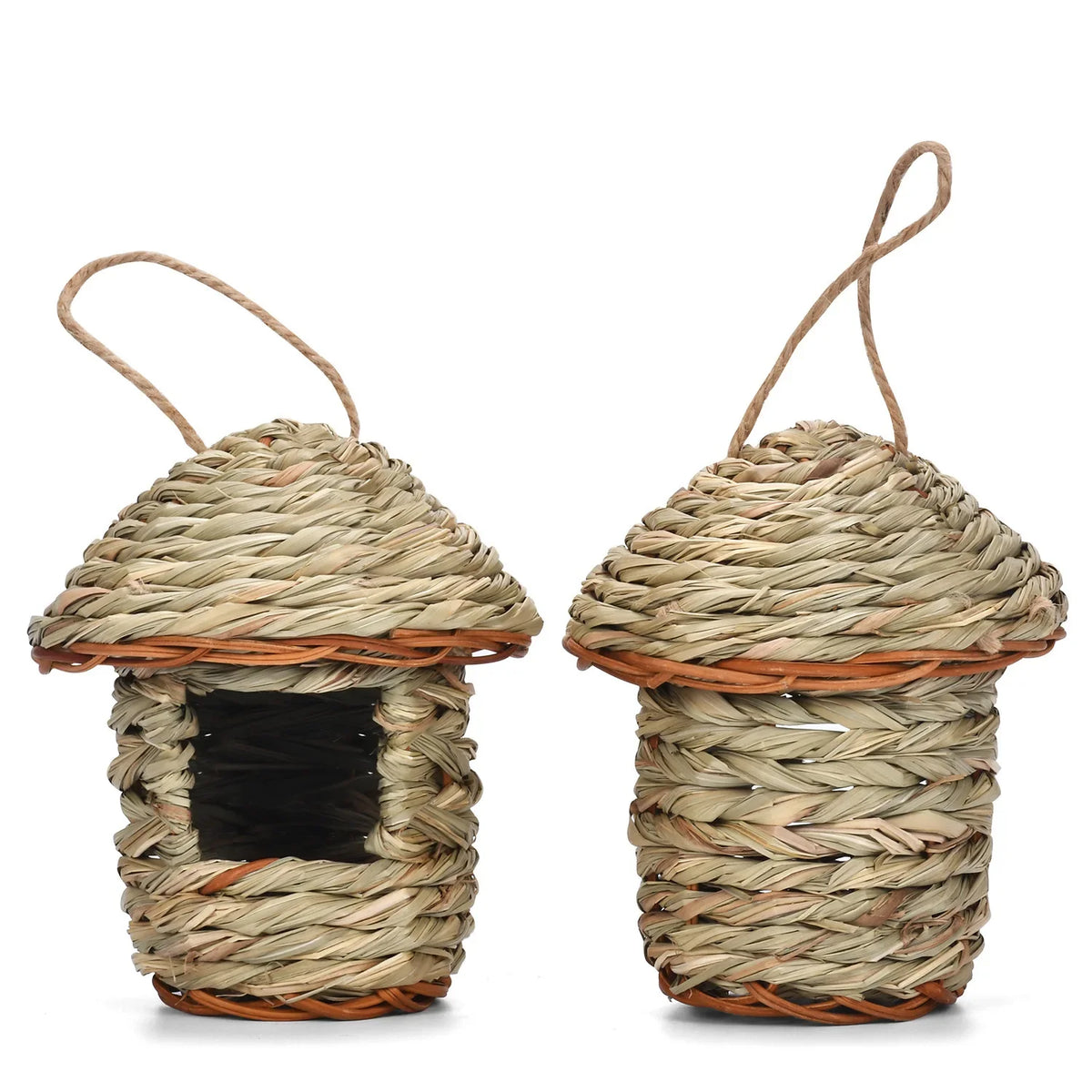 Pair of handwoven natural grass bird nests with woven straw and wood accents