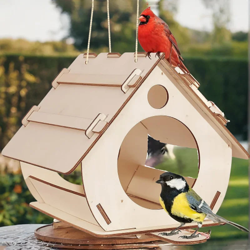 Holzvogelfutter mit kreisförmigem Eingang, an dem ein roter Vogel auf dem Dach sitzt.