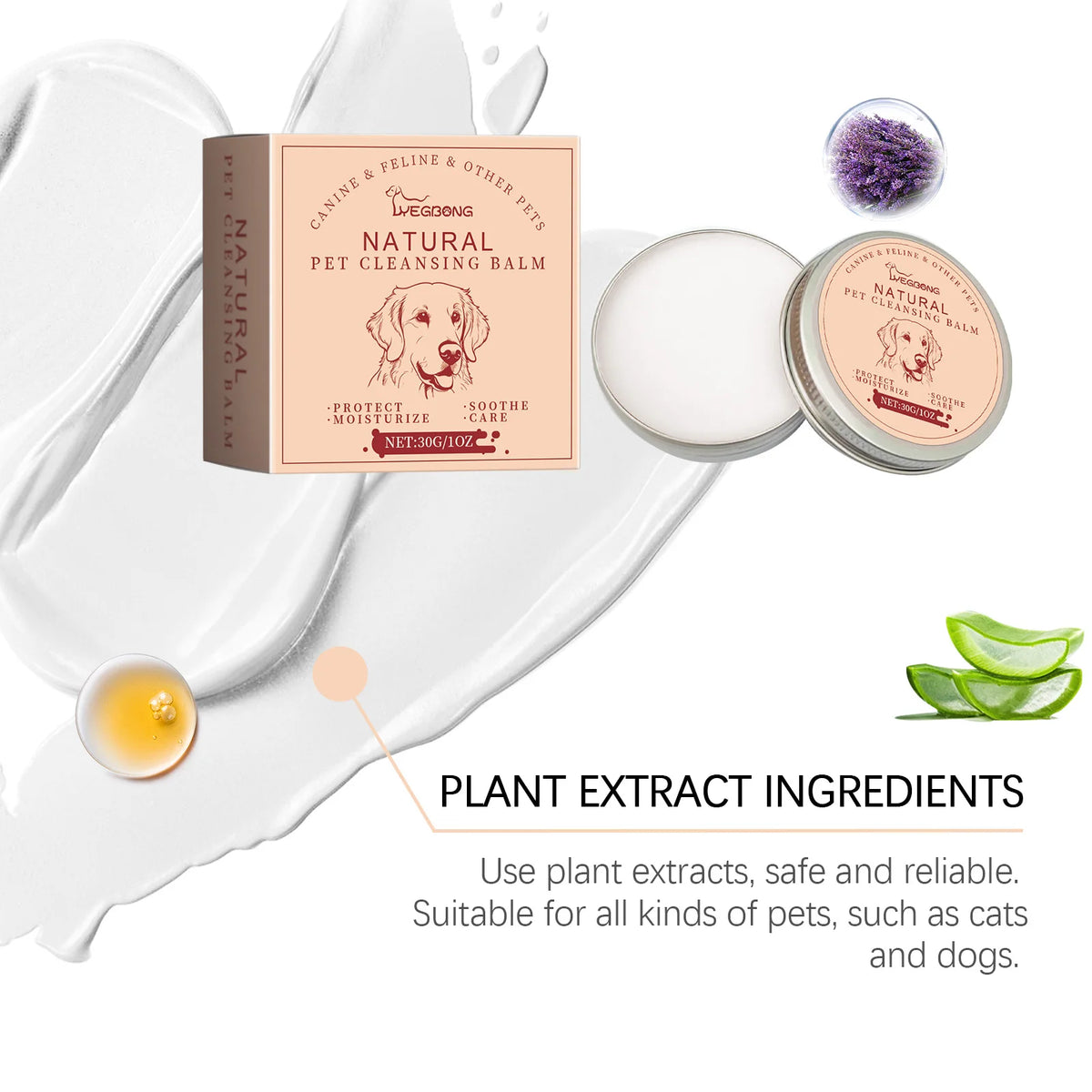 A set of natural pet cleansing balm jars and a tube are shown with plant extract ingredients text.