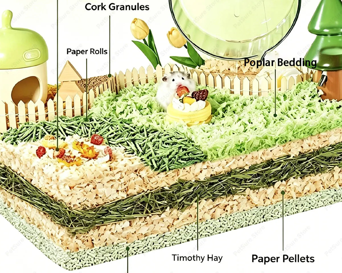 Relleno de cama para jaulas de roedores: gránulos de corcho, rollos de papel, paja de poplar, heno de Timothy y pellets de pa